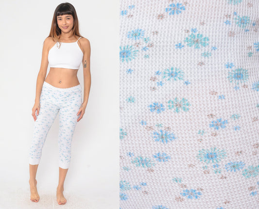 80s Floral Waffle Knit Thermal Capri Pants White Blue Print Medium