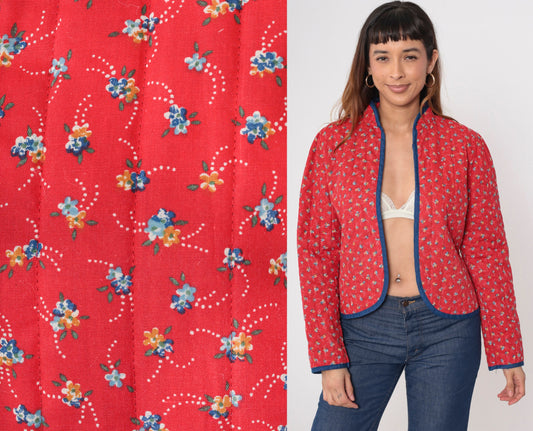 70s Fritzi Quilted Jacket Red Calico Floral Puff Sleeve Mandarin Collar Medium