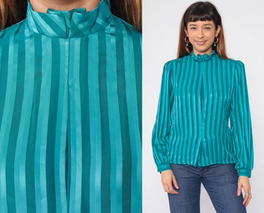 90s Lillian Lawrence Striped Blouse Teal Puff Sleeve Mock Neck Medium M