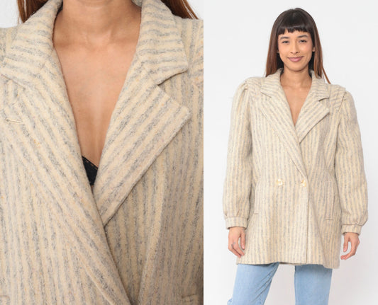 80s Striped Wool Blend Blazer Grey Cream Double Breasted Tailored Medium M