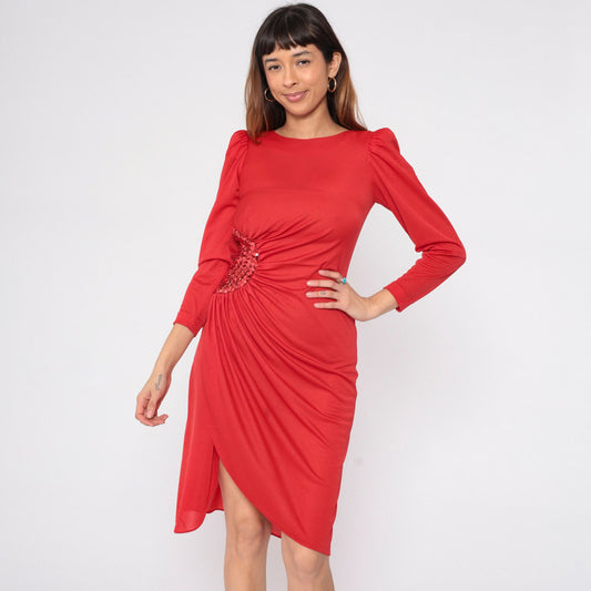 80s Red Sequin Draped Midi Dress Puff Sleeve Grecian Disco Small