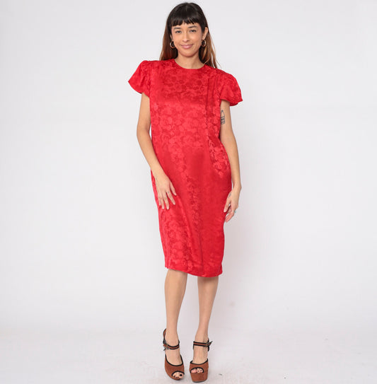 80s Lauren Alexandra Red Silk Floral Midi Dress Puff Sleeve Medium 10