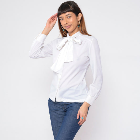 70s White Necktie Blouse Long Sleeve Button Up Ascot Shirt Medium