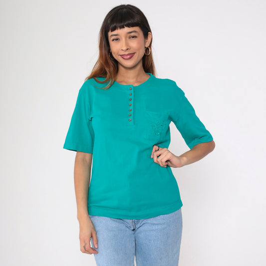 90s Teal Henley Tee Floral Embroidered Pocket Cotton Small
