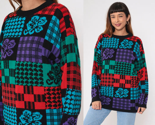 80s Traffic Jam Patchwork Checkered Floral Knit Sweater Black Red Blue Green Medium