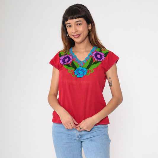 90s Mexican Embroidered Floral Blouse Red V-Neck Short Sleeve Small Medium