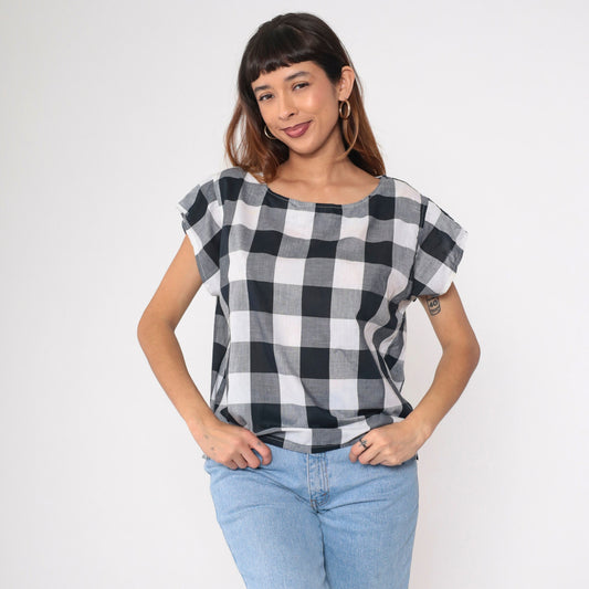 80s Buffalo Plaid Blouse Black White Checkered Cap Sleeve Scoop Neck Large