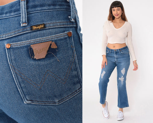 80s Wrangler High Waist Bootcut Jeans Distressed Blue Denim Men's 34