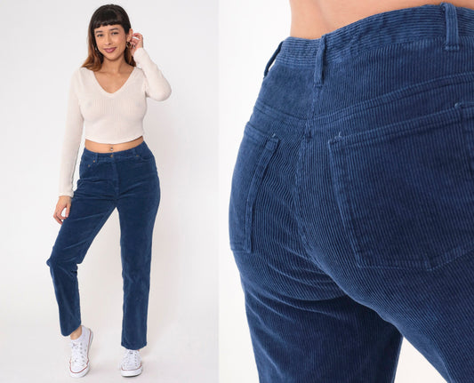90s Newport News Dark Blue Corduroy High-Waist Tapered Trousers Medium 10