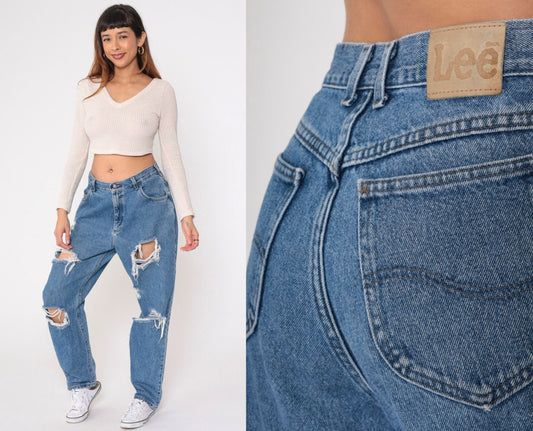 90s Lee Ripped Blue Denim High Rise Straight Leg Jeans 32