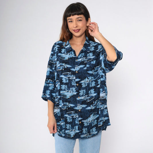 90s Puritan Truck Print Button-Up Shirt Blue Rayon XXL