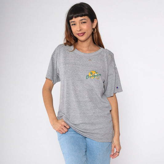 80s University of Oregon Champion Football Graphic Tee Grey Distressed Medium