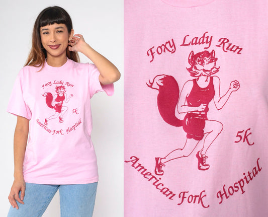 80s Foxy Lady Run 5K American Fork Hospital Graphic Tee Pink Single Stitch Medium