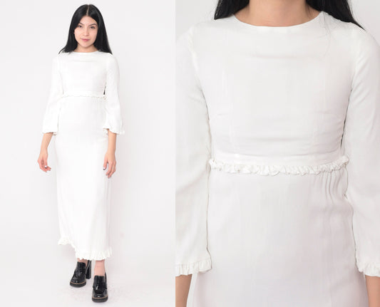 70s White Maxi Dress Empire Waist Bell Sleeve Ruffled Youth 10-12