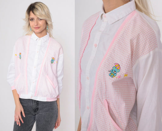 80s Rozzi Checkered Teddy Bear Button-Up Blouse with Attached Vest Pink White Medium