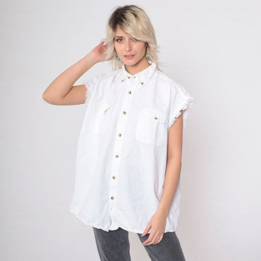 90s Ride Free Motorcycle Cutoff Tank Top White Cotton Button Up Extra Large