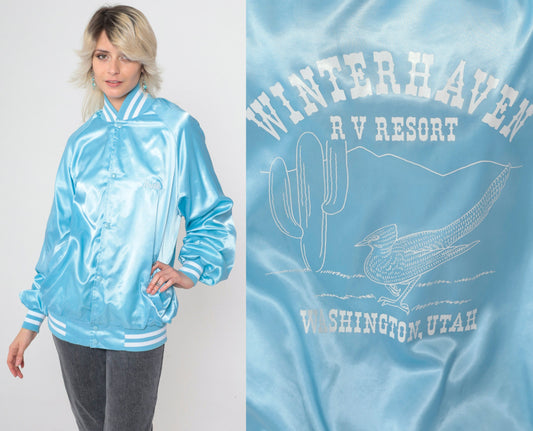 80s Winterhaven RV Resort Satin Bomber Jacket Baby Blue Roadrunner Extra Large