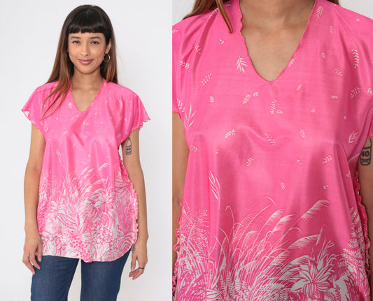 70s Pink Floral Leaf Print Blouse Flutter Sleeve V Neck Lettuce Edge Large L