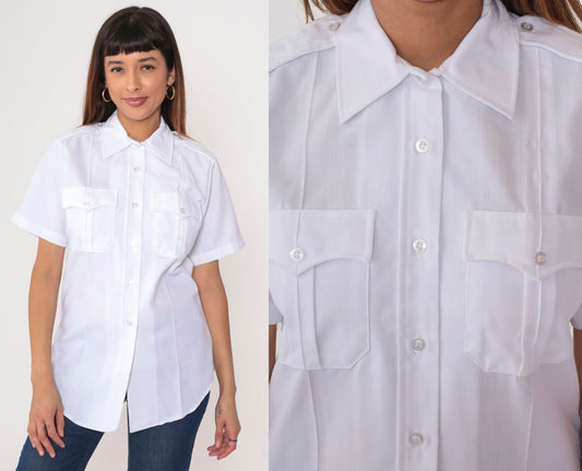 80s Flying Cross White Utility Shirt Button Up Uniform Medium