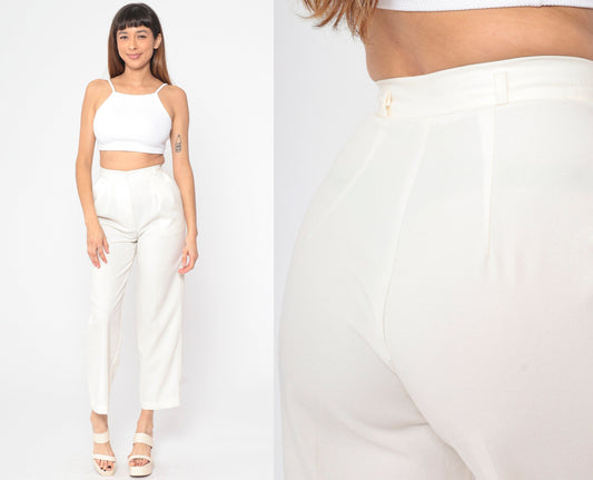 80s Off-White Pleated High-Waisted Straight Leg Trousers Extra Small
