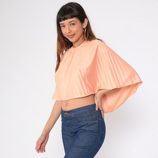 70s Peach Pleated Crop Blouse Wide Sleeve Keyhole Back Small