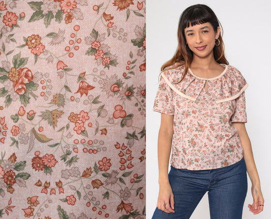 70s Pink Floral Blouse Short Sleeve Ruffled Bib Collar Medium