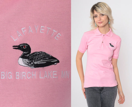 80s King Louie Loon Polo Shirt Lafayette Big Birch Lake Minnesota Baby Pink Extra Small