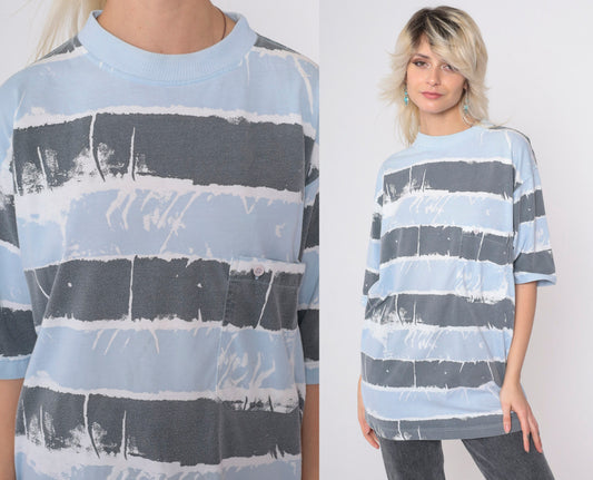 90s Striped T-Shirt Grey Blue White Chest Pocket Painted Print Small