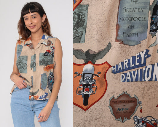 90s Harley Davidson Sleeveless Button-Up Shirt Tan Eagle Print Medium