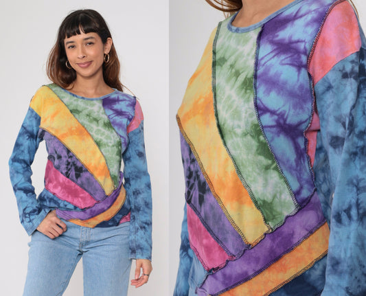 00s Tie Dye Panel Long Sleeve T Shirt Blue Green Yellow Purple Cotton Medium