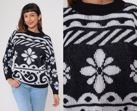 80s Black White Metallic Floral Knit Sweater Glitter Swirl Pullover Large L