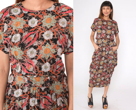 80s Floral Midi Dress Button Back Pencil Skirt Short Sleeve Black Red Orange Medium 8