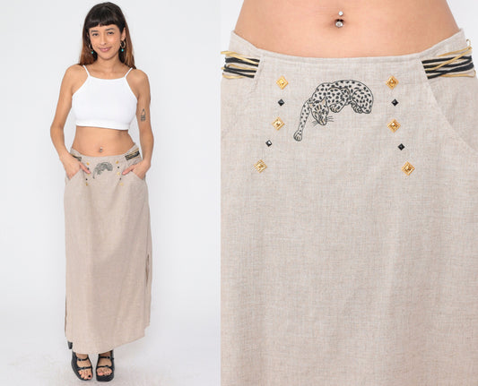 90s Joseph Ribkoff Leopard Print Maxi Skirt Tan Gold Studs Large L