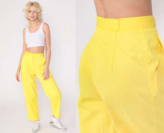 80s Yellow High-Waisted Pleated Tapered Trousers Extra Small