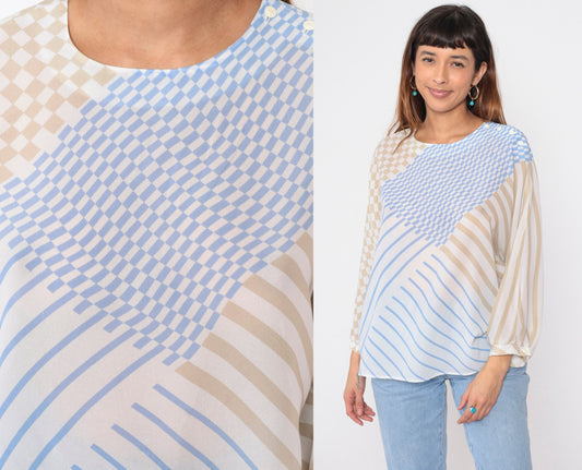 80s Frankenwalder Sheer Checkered Striped Blouse Long Sleeve Button Shoulder Blue White Taupe Extra Large