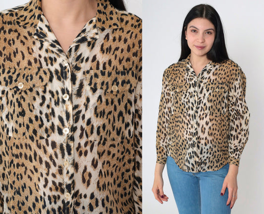 90s Leopard Print Button-Up Blouse Long Sleeve Semi-Sheer Small