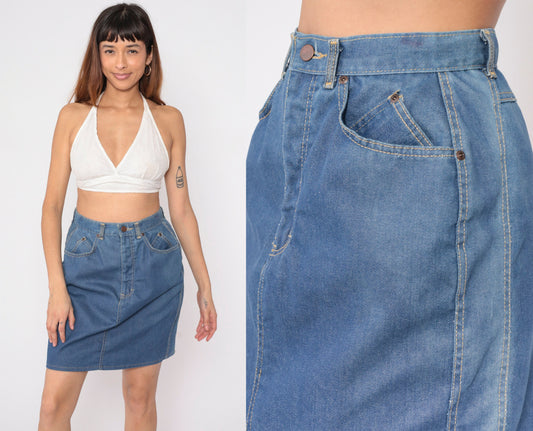 80s Blue Denim Mini Skirt High Waisted Pencil Cut Small S