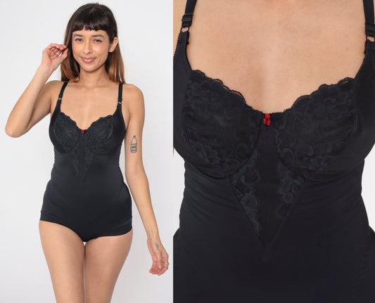 80s Black Lace Shapewear Bodysuit Girdle Underwire Spaghetti Strap 36B