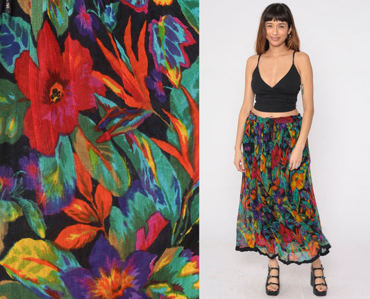 90s Tropical Floral Maxi Skirt Pleated Drawstring Waist Cotton Small Medium Large