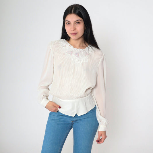 80s White Beaded Blouse Grape Leaf Sequin Puff Sleeve Button Back Medium