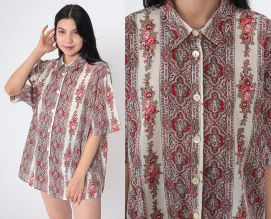 90s Paisley Floral Button-Up Blouse Off-White Short Sleeve Plus Size 1X
