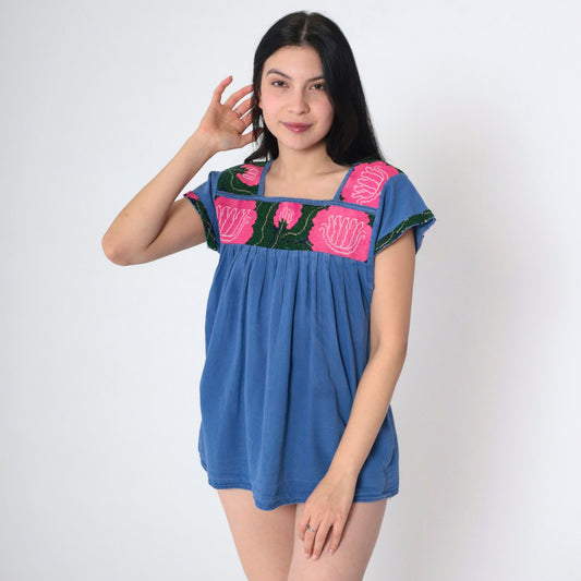 90s Mexican Embroidered Floral Blouse Blue Cap Sleeve Tunic Small