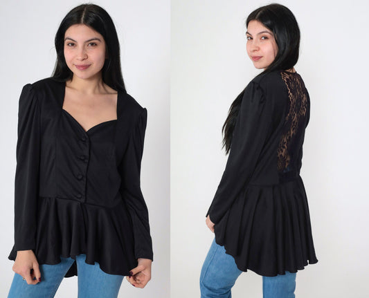 80s Black Lace Blouse Puff Sleeve Peplum High Low Sweetheart Neckline Medium