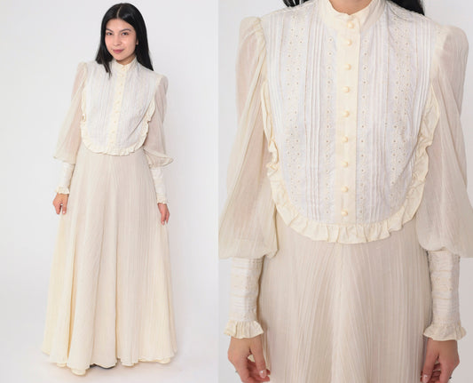 70s Miss K Cream Eyelet Maxi Dress Puff Sleeve Victorian Prairie Small