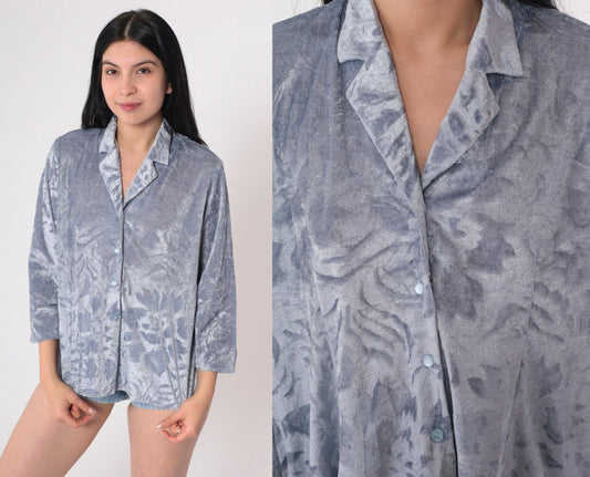 00s Floral Velour Button-Up Blouse Blue 3/4 Sleeve Collared Top Medium Large