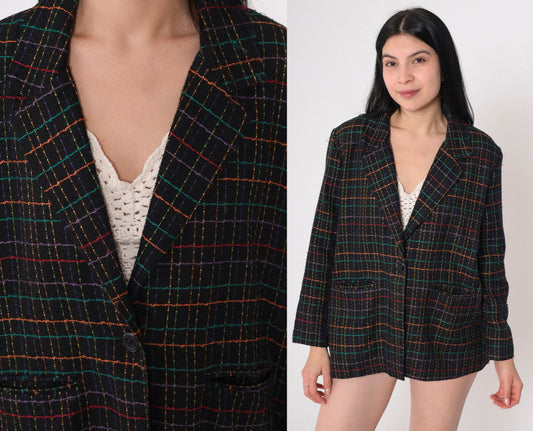 90s Black Checkered Blazer Rainbow Print Button-Up Jacket Large L