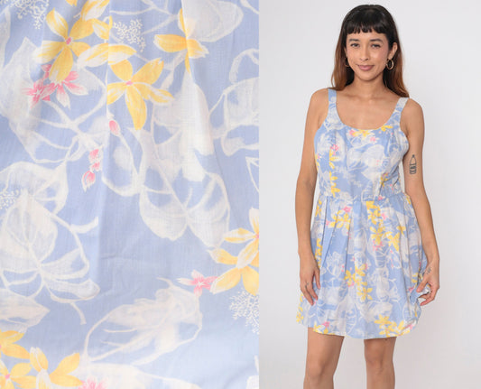 70s Periwinkle Floral Mini Sundress Smocked Tank High Waist Pleated Medium Large