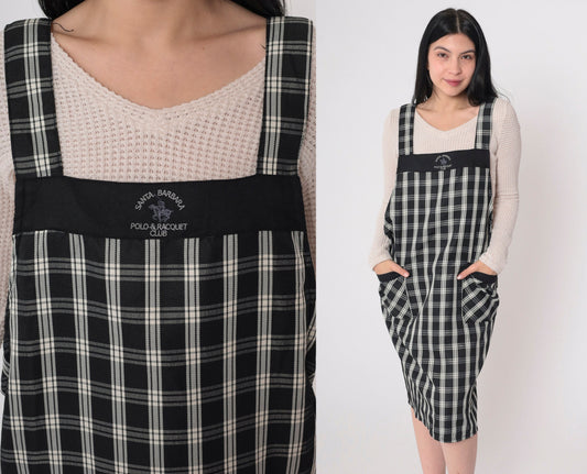 Y2K Santa Barbara Polo Plaid Apron Dress Black White Checkered Mini Open Back Small