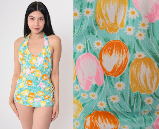70s Floral One-Piece Swimsuit Blue Tulip Halter Open Back Small
