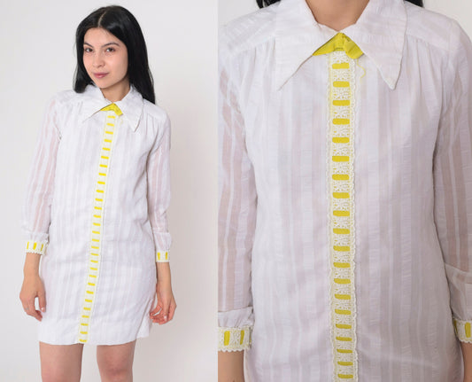 60s Mod Mini Dress White Eyelet Yellow Bow Tie Collar Long Sleeve Small
